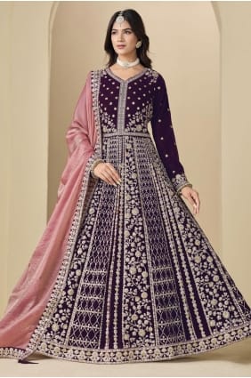 Anarkali brodée de bordeaux en velours AS4193