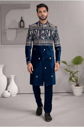 Kurta pour homme en velours bleu brodé avec dupatta KURR246