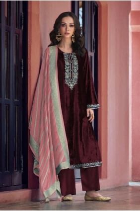 tailleur pantalon droit en velours brodé marron avec dupatta SK155134