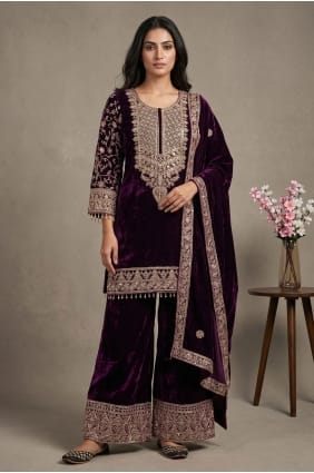 Salwar Kameez brodé en velours bordeaux SK159162