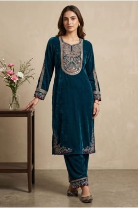 Kurta indo-occidentale brodée en velours turquoise avec dupatta SK159178