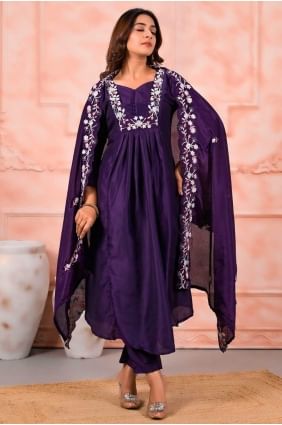 Salwar Kameez lavande en viscose brodée avec dupatta SK155678
