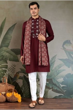 Kurta pour homme en viscose bordeaux brodée avec dupatta KURR600
