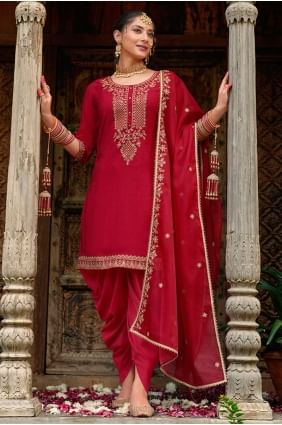 Salwar Kameez en viscose brodée de couleur bordeaux SK155793