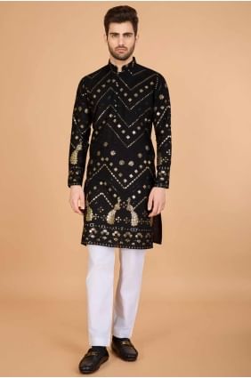 Kurta brodé bleu marine pour homme en viscose KURR527