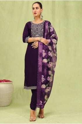 tailleur pantalon droit violet en viscose brodée avec dupatta SK155548