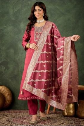 Salwar Kameez marron en viscose avec broderie SK155689