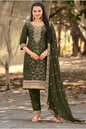 Salwar Kameez vert Mehendi en viscose brodée, idéale pour l'Aïd. SK155931