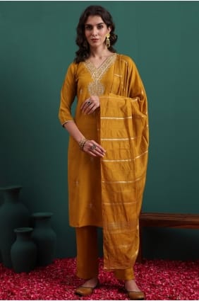 Salwar Kameez moutarde brodé en viscose avec dupatta SK15737