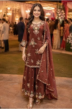 Ensemble sharara marron en viscose brodée SS1374