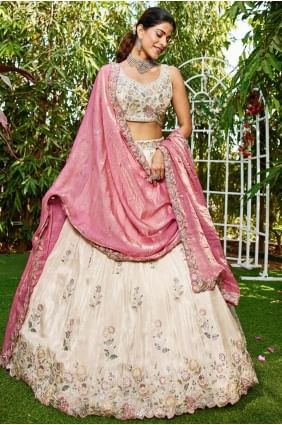 Lehenga choli de mariage brodé en tissu crème LC8372