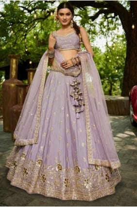 choli lehenga de mariage brodé en mousseline mauve LC8496