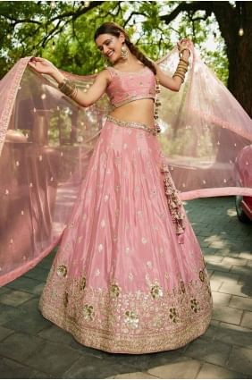 choli lehenga de mariage brodé en mousseline rose LC8497