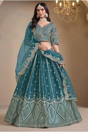 embroidered wedding lehenga choli in rama art silk LC8345