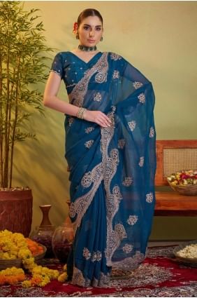 Saris bleu sarcelle en mousseline de soie brodée avec chemisier SR28235