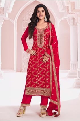 salwar kameez eid brodé en jacquard rouge SK155130