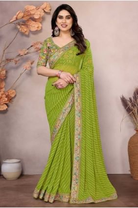Sari brodé en vert perroquet Georgette SR28692