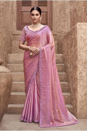 sari en satin brodé rose SR28051