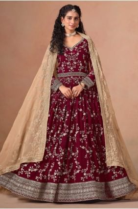 Ensemble Anarkali bordeaux en georgette synthétique tissée AS4115