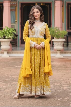 Ensemble Anarkali en georgette synth tique brod e jaune AS4245