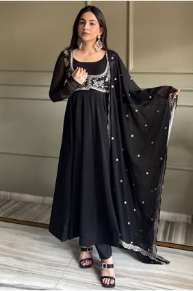 Ensemble Anarkali noir à sequins en fausse georgette AS4301