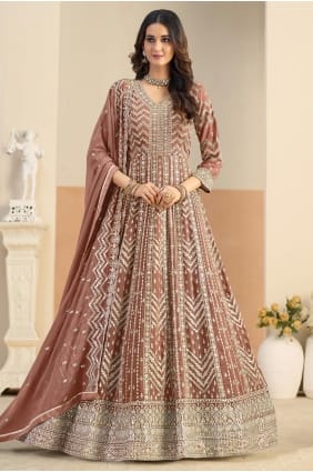 Ensemble Anarkali marron clair en georgette synthétique brodée AS4286