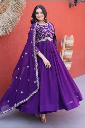 Robe longue violette brodée en georgette synthétique GW1289