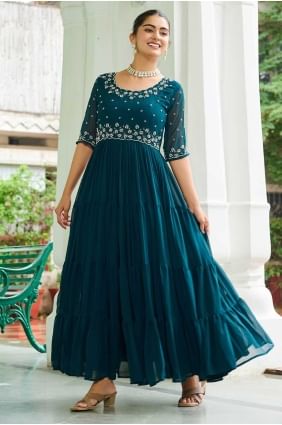 Robe longue en georgette synthétique brodée bleu sarcelle avec dupatta GW1167