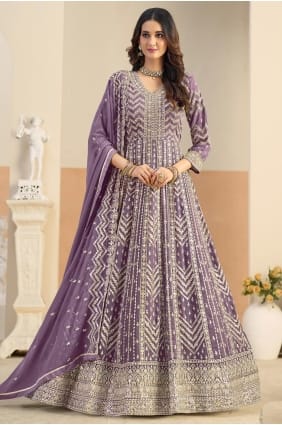 Costume Anarkali en georgette synthétique brodée lavande AS4284