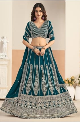 Lehenga Choli en georgette synthétique brodée turquoise LC8994