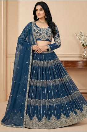 Lehenga Choli brodé bleu sarcelle en georgette synthétique LC8975