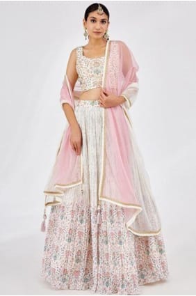 Lehenga Choli blanc imprimé en georgette synthétique LC8876