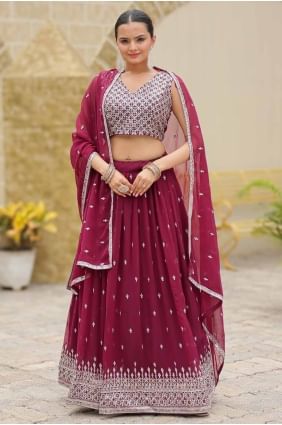 faux georgette party lehenga choli in wine berry with embroidered LC8284