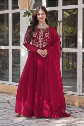 Costume Anarkali rose en fausse georgette brodé GW1113