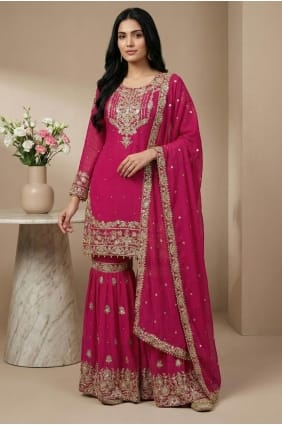 Ensemble Sharara rose en georgette synthétique avec dupatta SS1343