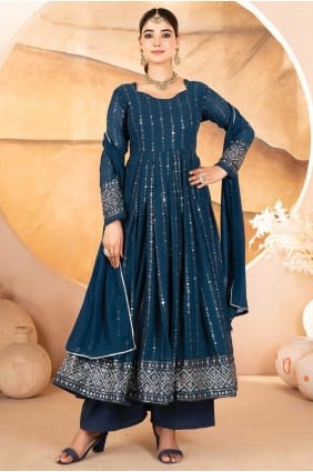 Salwar Kameez en fausse georgette tissée en bleu SK155743