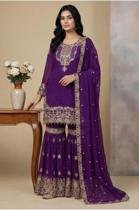Ensemble Sharara en georgette synthétique violette SS1344