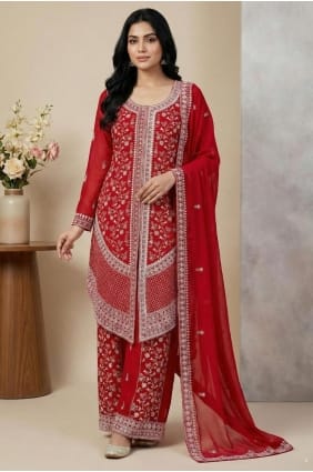 Ensemble palazzo rouge en georgette synthétique avec dupatta PZ4365