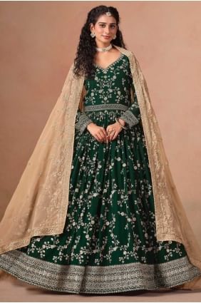 Costume Anarkali en fausse georgette verte tissée AS4112