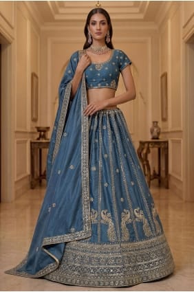 Lehenga Choli en soie Firozi avec dentelle LC9034