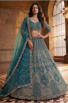 Lehenga Choli en filet brodé couleur Firozi avec dupatta LC9041