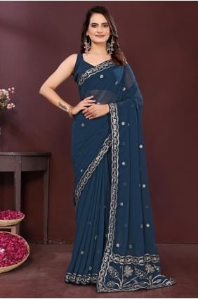 Sari bleu en georgette brodée avec chemisier SR28888