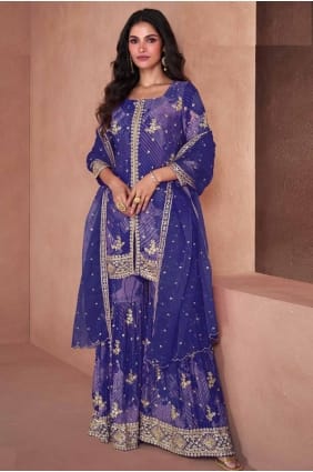 costume palazzo eid en georgette violet avec broderies PZ4097