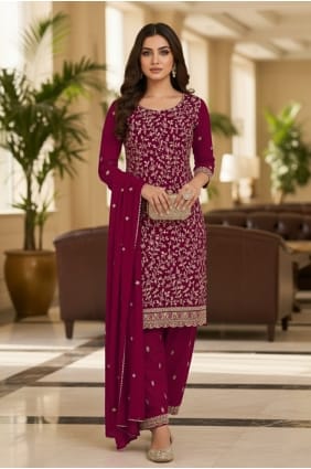 Salwar Kameez en georgette brodée bordeaux SK159148