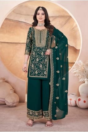 Costume palazzo vert brodé en georgette avec dupatta PZ4118