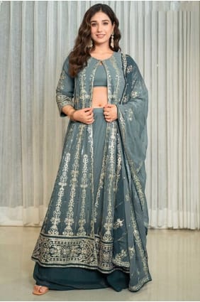 Kurta indo-occidentale grise en georgette brodée avec dupatta SK155825