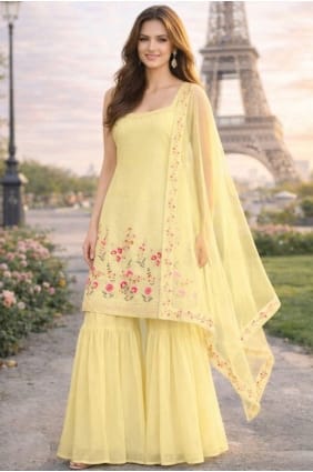 Ensemble Sharara jaune clair avec georgette brodée SS1310