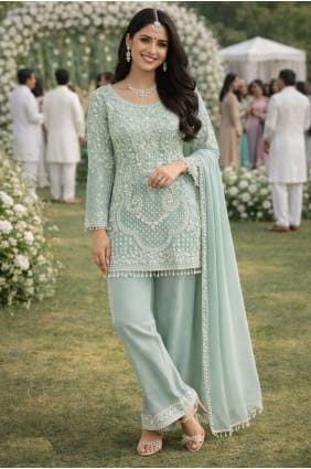Ensemble Patiala vert menthe brodé en georgette PZ4375