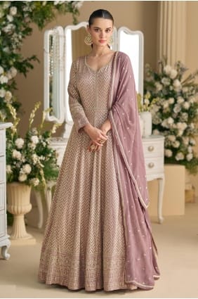 Ensemble Anarkali rose en georgette avec broderies AS4318