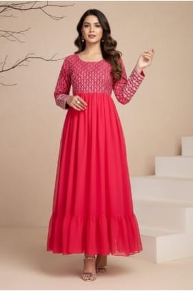 Robe rose en georgette brodée GW1197